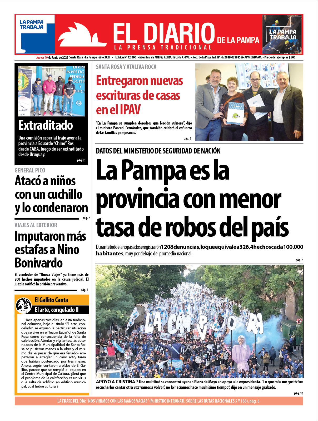 Tapa de El Diario en papel  jueves 19 de junio de 2025